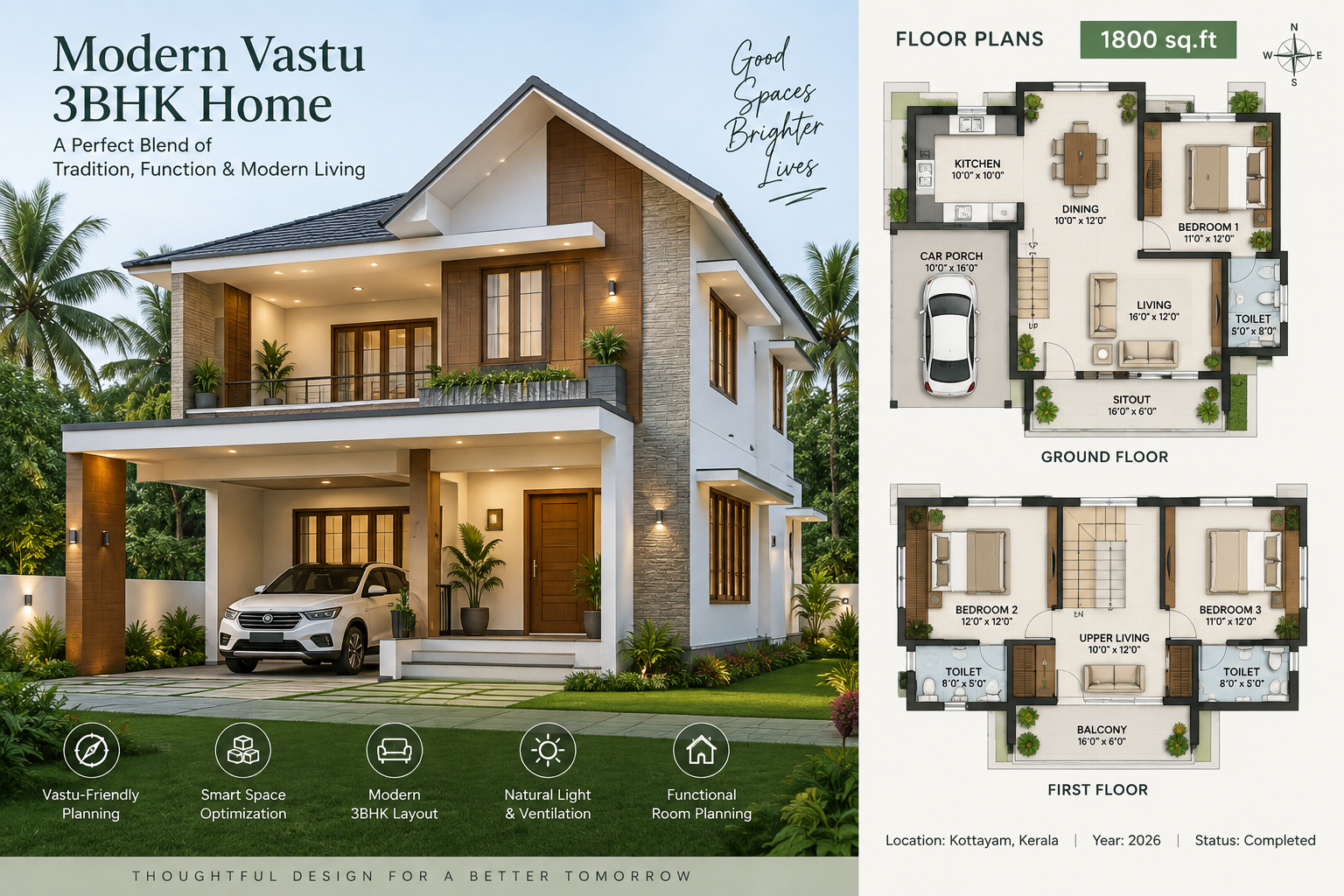 Modern Vastu 3BHK Home – 1800 Sq.Ft